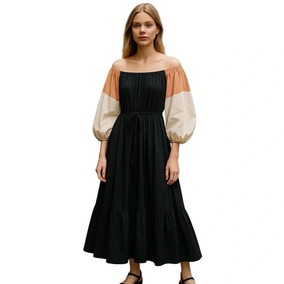 Staud Juliet Colorblock Off The Shoulder Cotton Bubble Hem Puff Sleeve Dress S - Picture 2 of 13